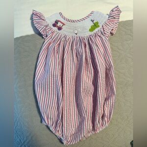 The Smocking Bug - Pink Striped Baby Romper with Embroidery 12M